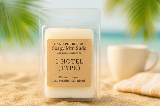 1 Hotel Type wax melts by Soapy Mtn Suds hand-poured soy paraffin blend inspired by luxury hotel scents with clean beach vibe and minimalist packaging