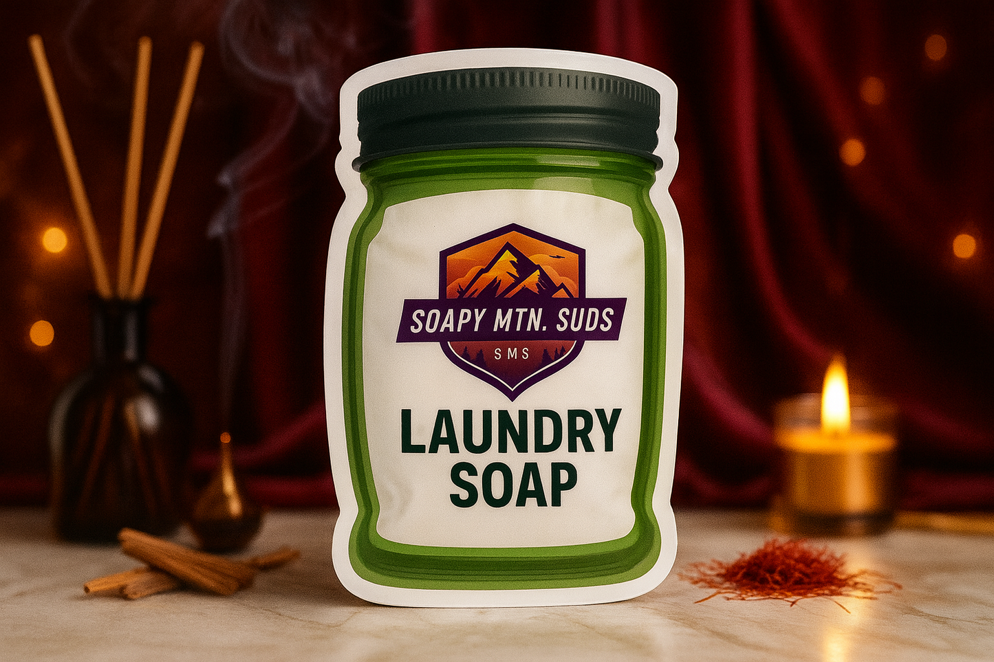Soapy Mtn Suds Baccarat Rouge Type Laundry Soap pouch on marble surface with cinnamon sticks, saffron, candle, and red curtain background.
