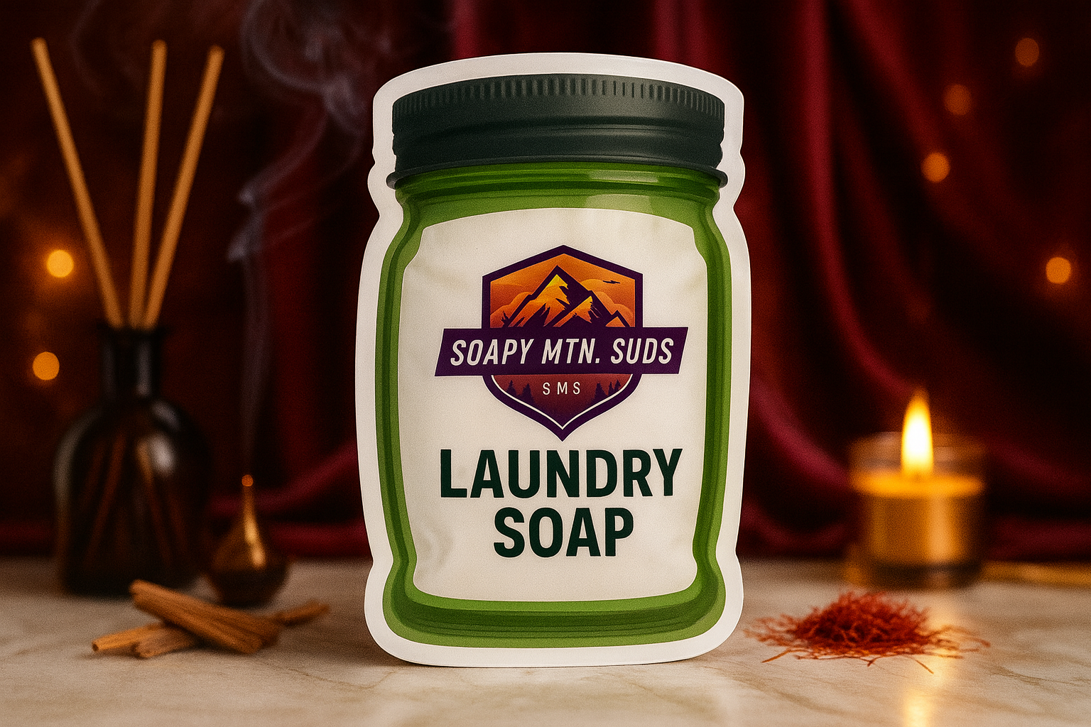 Soapy Mtn Suds Baccarat Rouge Type Laundry Soap pouch on marble surface with cinnamon sticks, saffron, candle, and red curtain background.