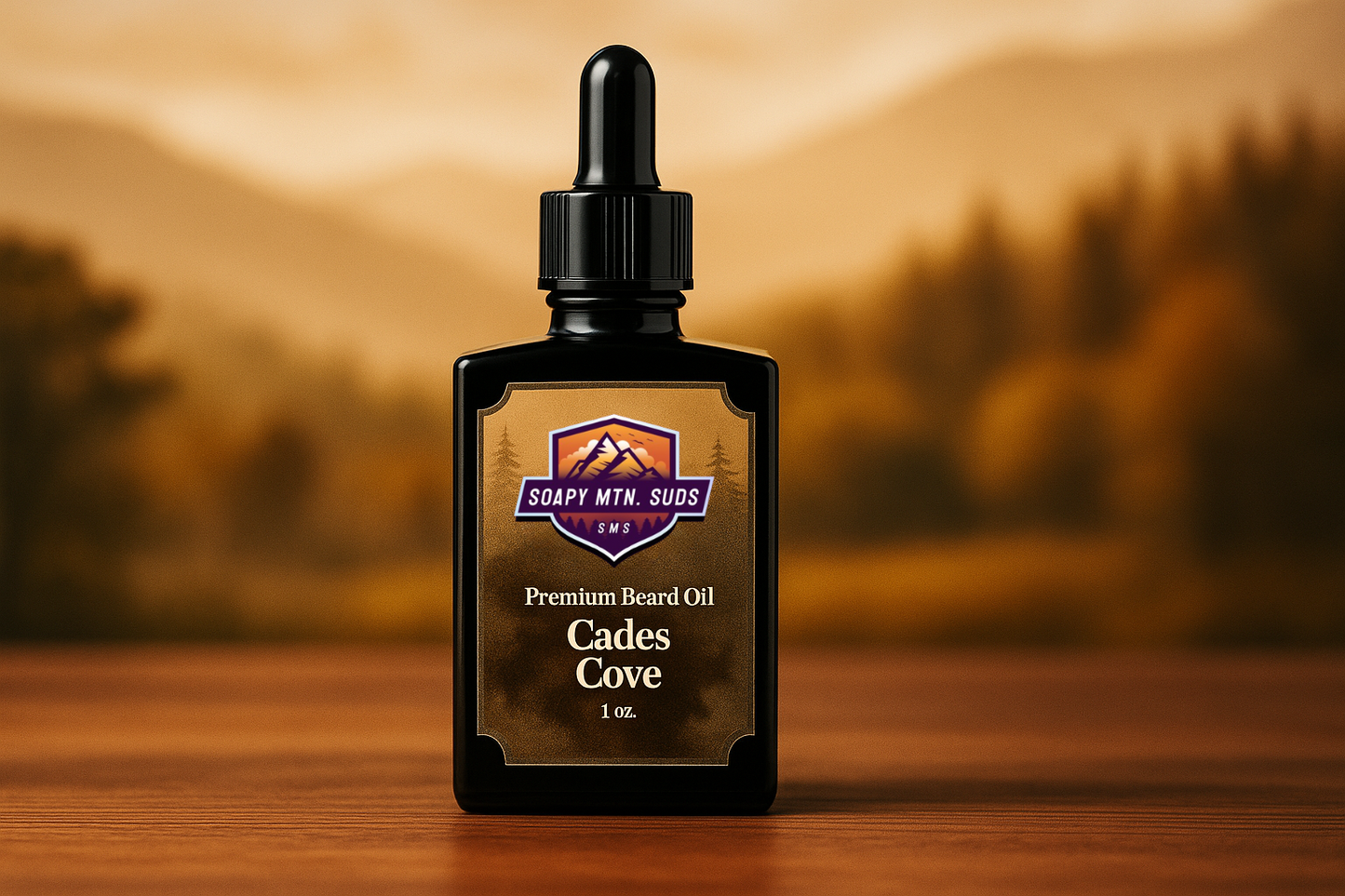 Cades Cove Premium Beard Oil by Soapy Mtn Suds in dark amber bottle with mountain background, handcrafted beard oil with warm woodsy and masculine scent inspired by the Smoky Mountains
