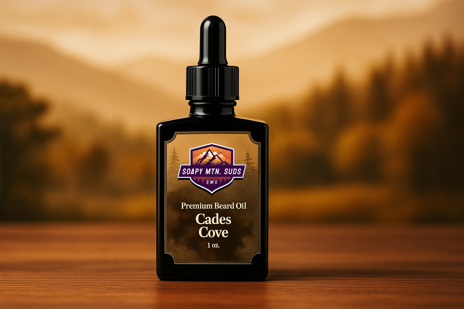 Cades Cove Premium Beard Oil by Soapy Mtn Suds in dark amber bottle with mountain background, handcrafted beard oil with warm woodsy and masculine scent inspired by the Smoky Mountains