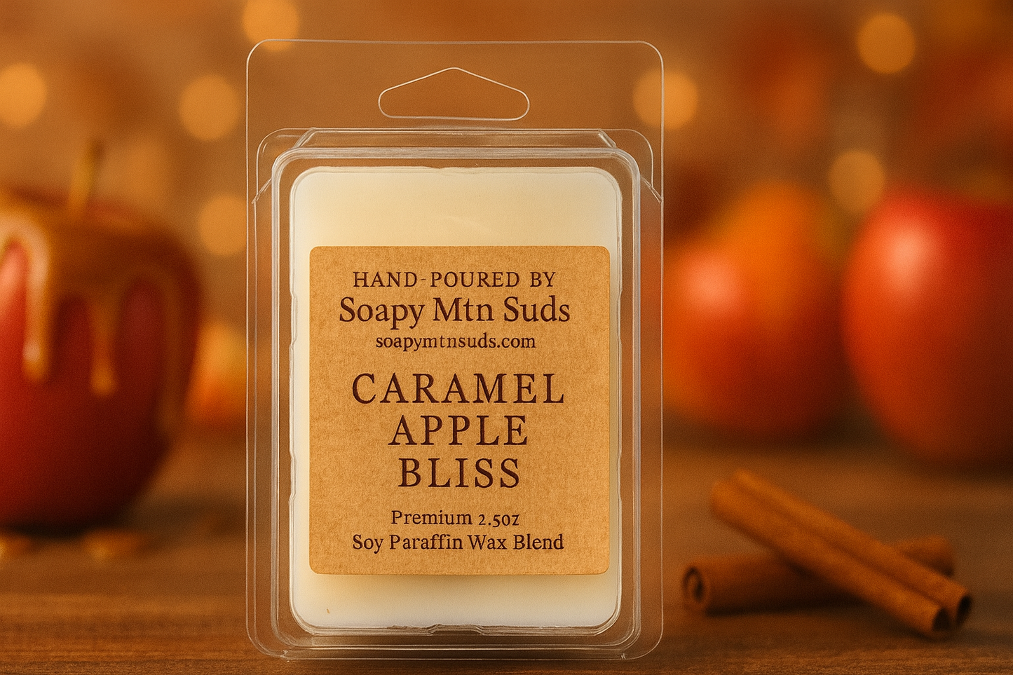 Caramel Apple Bliss wax melts by Soapy Mtn Suds hand-poured soy paraffin blend with caramel apples and cinnamon sticks in warm fall background, limited fall release