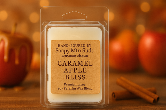 Caramel Apple Bliss wax melts by Soapy Mtn Suds hand-poured soy paraffin blend with caramel apples and cinnamon sticks in warm fall background, limited fall release
