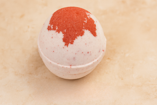 Cherry Almond Shea Butter Bath Bomb by Soapy Mtn Suds – juicy cherry, toasted almond, and soft vanilla bath bomb handmade in the Smoky Mountains.