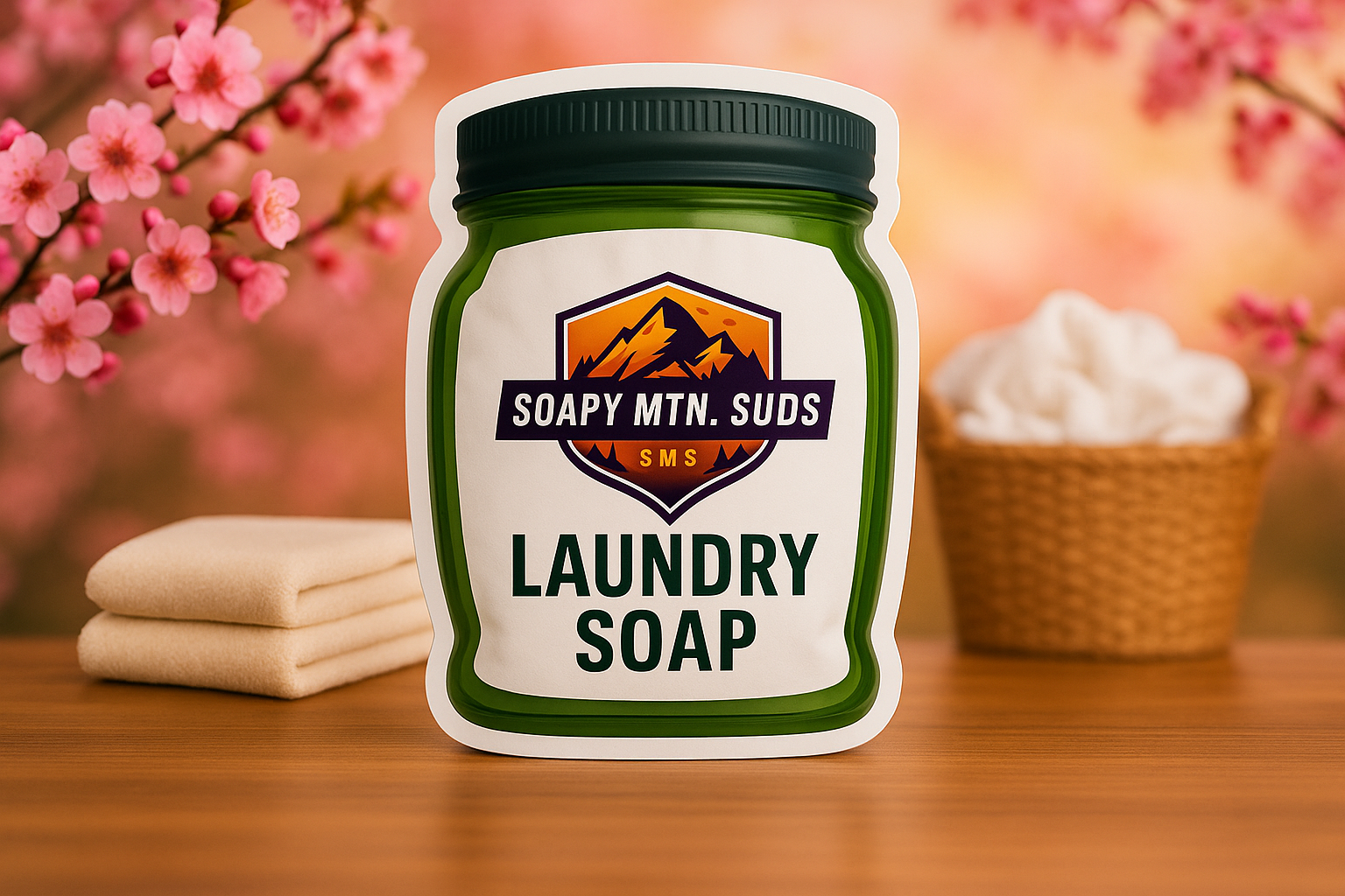 Soapy Mtn Suds Cherry Almond Type Laundry Soap in green mason jar bag, sweet nutty cherry almond scent with folded towels, pink blossoms, and cozy spring-inspired background.