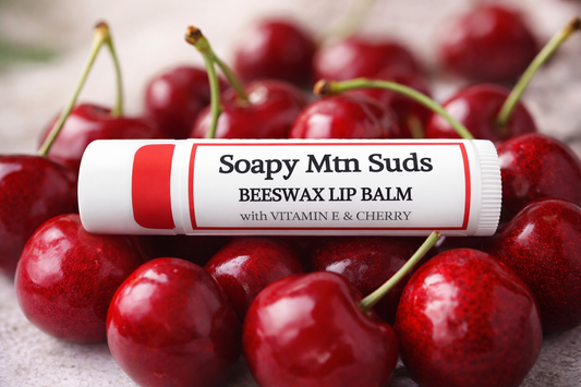 Cherry beeswax lip balm by Soapy Mtn Suds with vitamin E, natural moisturizing lip balm with sweet cherry flavor for soft hydrated lips