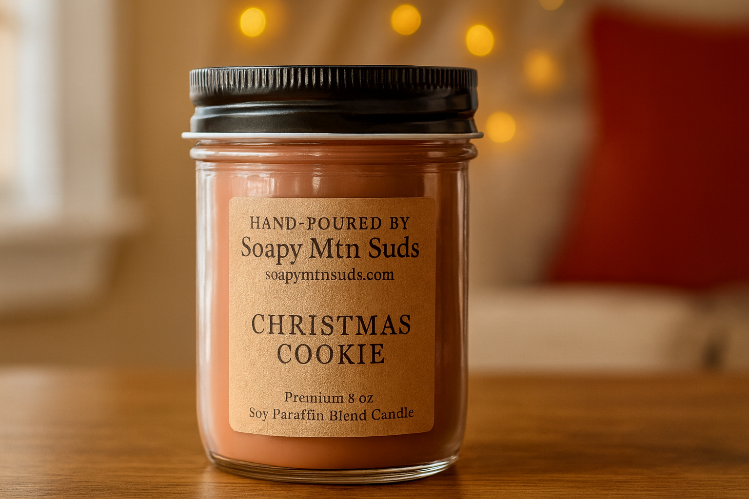 8oz Christmas Cookie Candle by Soapy Mtn Suds in warm holiday background, hand-poured soy paraffin blend candle with sweet buttery vanilla cookie scent