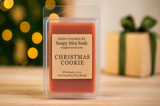 Christmas Cookie wax melts by Soapy Mtn Suds in holiday background, handcrafted soy paraffin blend with sweet buttery vanilla cookie scent limited holiday release