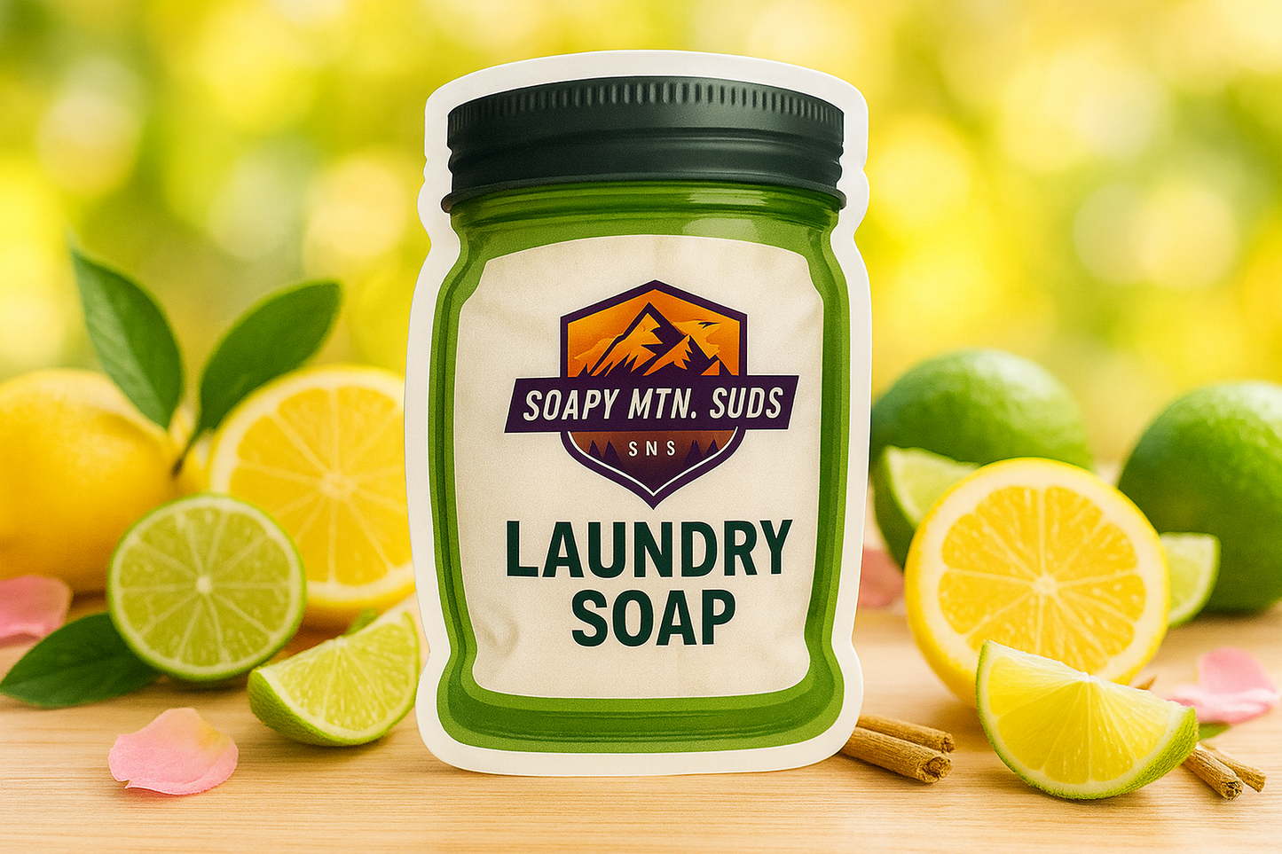 Soapy Mtn Suds Citrus Psycho Laundry Soap pouch with fresh lemons, limes, cinnamon sticks, and bright citrus background.