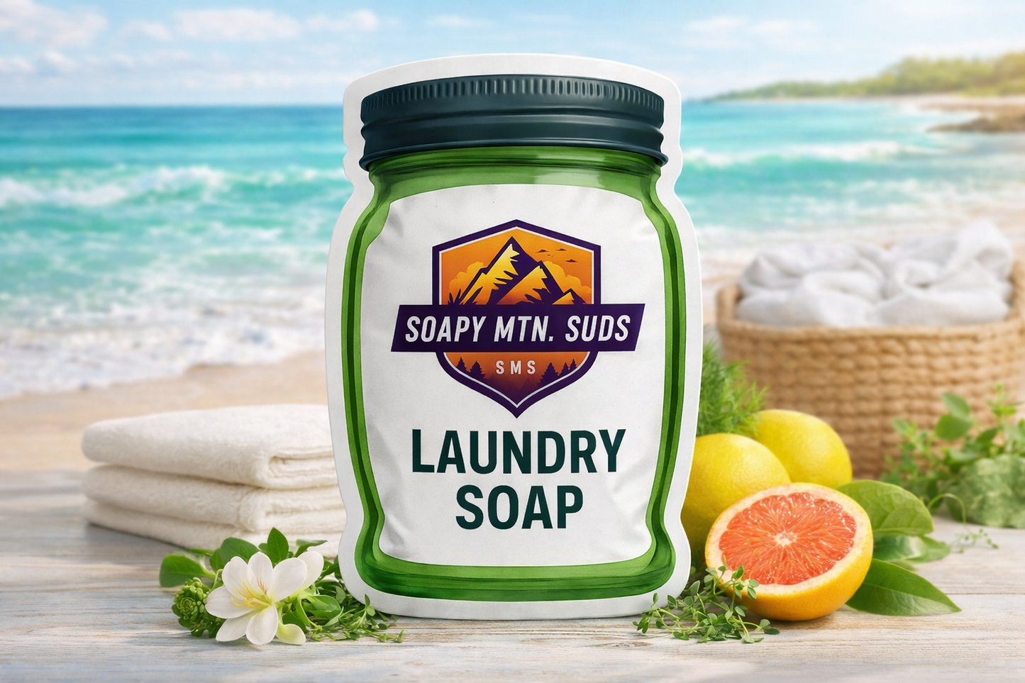 Coastal Current laundry soap by Soapy Mtn Suds with citrus and ocean breeze scent, beachside detergent with grapefruit, lemon and fresh clean linen