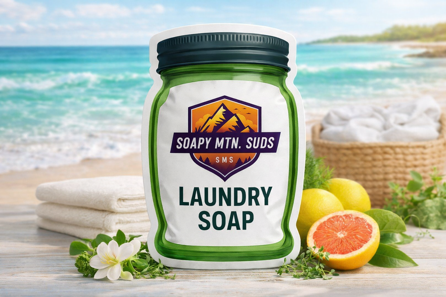 Coastal Current laundry soap by Soapy Mtn Suds with citrus and ocean breeze scent, beachside detergent with grapefruit, lemon and fresh clean linen