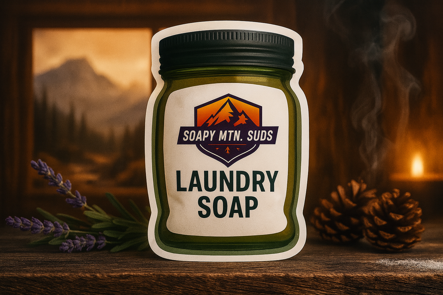 Commando Type Laundry Soap by Soapy Mtn Suds in green jar with cozy cabin background, handcrafted natural detergent featuring bold vanilla, lavender, smoke, and cedar scent inspired by Buff City Soap Commando