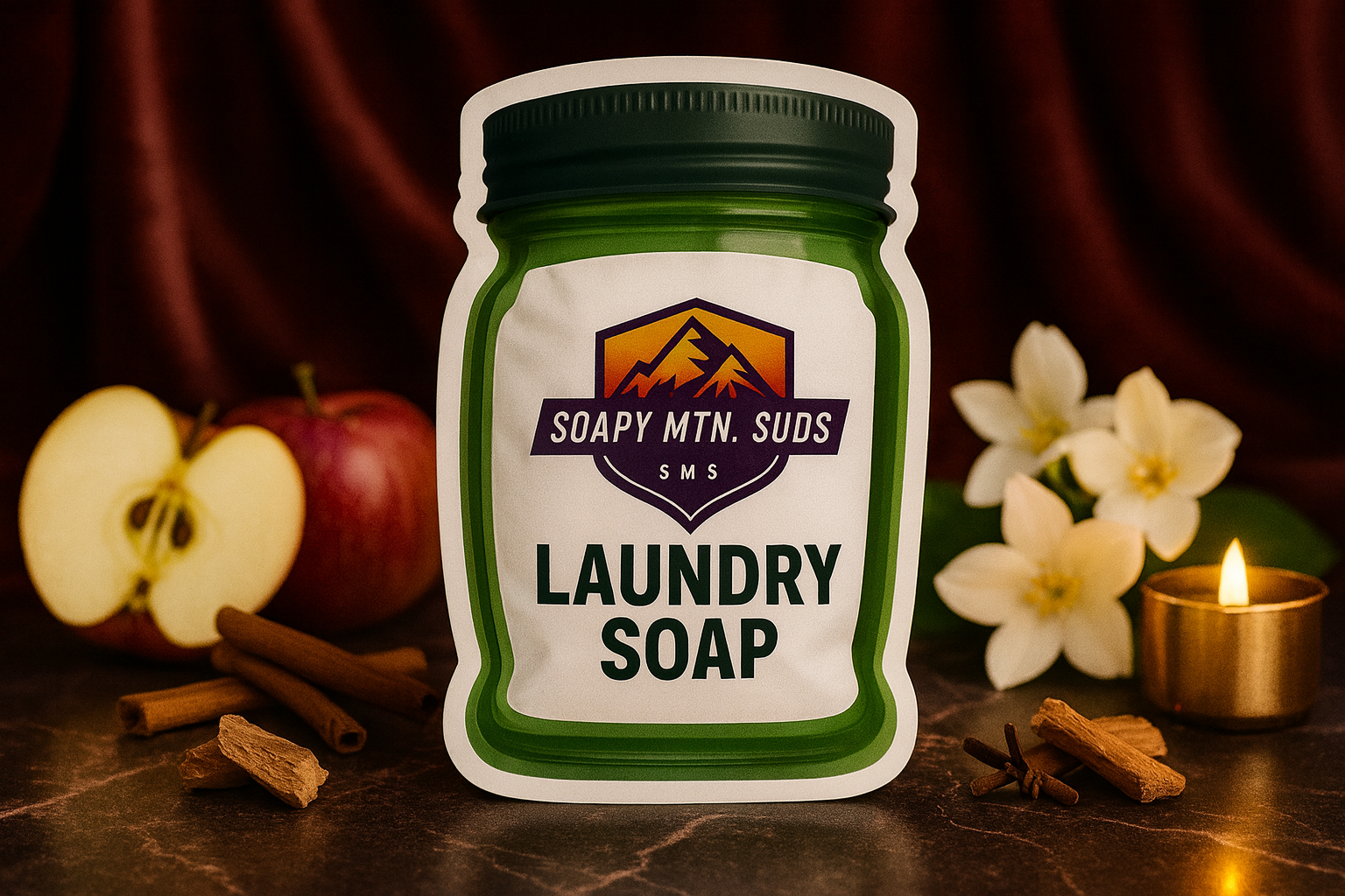 Soapy Mtn Suds Diva Tyler Type Laundry Soap pouch on marble surface with apples, cinnamon sticks, white flowers, and candle background.