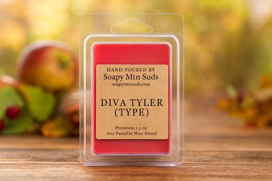 Diva Tyler Type wax melts by Soapy Mtn Suds with fall apple background, premium soy paraffin blend inspired by Tyler Diva scent featuring fruity floral clean fragrance notes