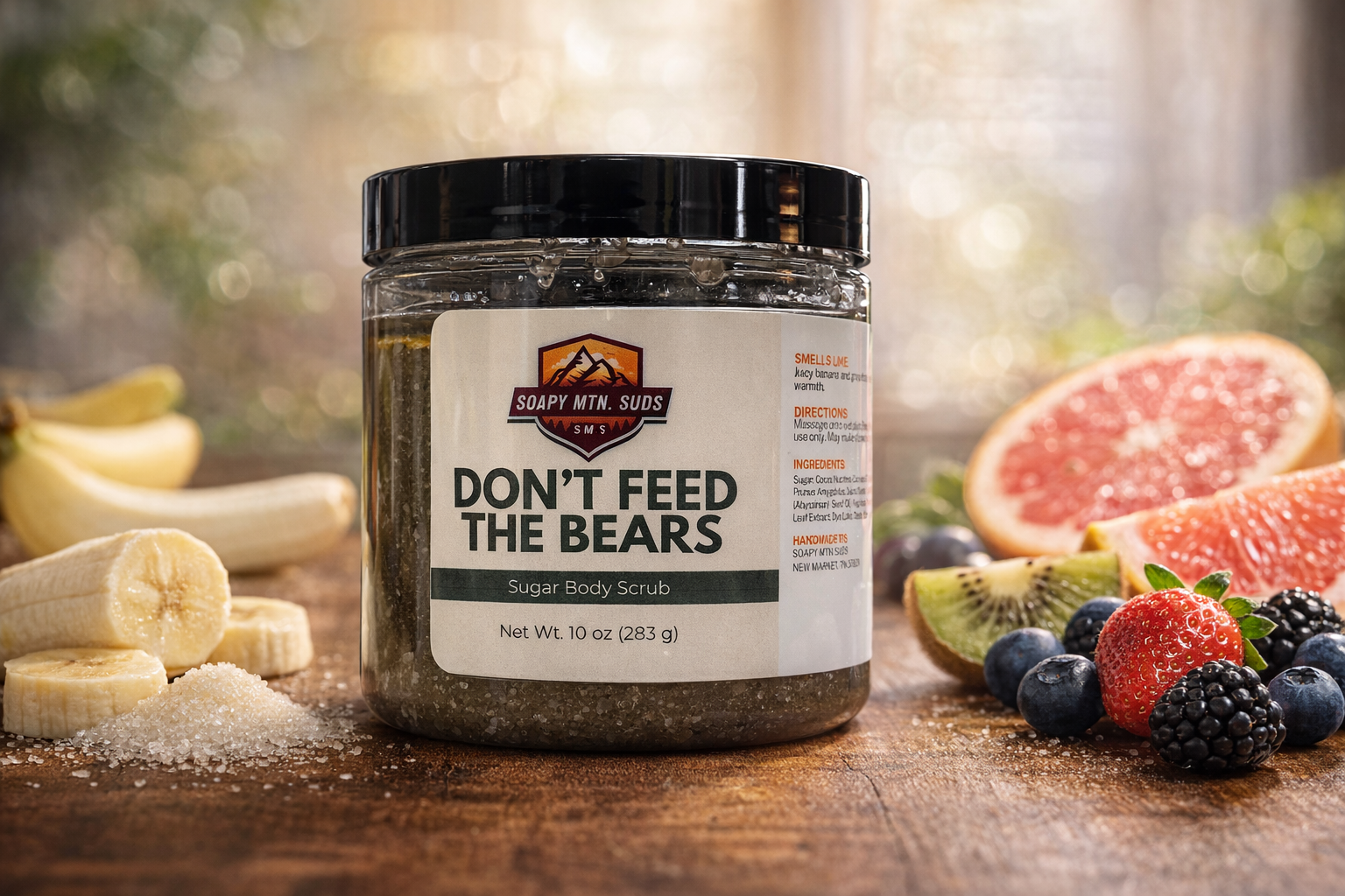 Don’t Feed the Bears sugar body scrub by Soapy Mtn Suds, fruity exfoliating scrub with banana, grapefruit, kiwi, berries and vanilla in 10 oz jar