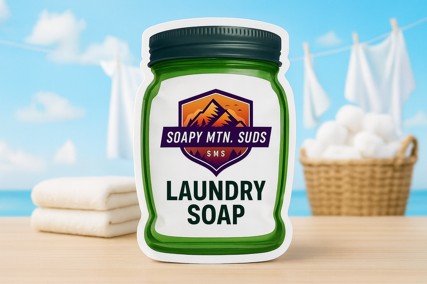 Soapy Mtn Suds Fresh AF Tide Type Laundry Soap pouch on a wooden surface with folded towels, a basket of cotton, and fresh laundry drying outdoors against a blue sky.
