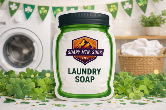 Kiss Me, I Do Laundry St. Patrick’s Day laundry soap by Soapy Mtn Suds, limited edition green clover fresh linen scented detergent with shamrocks and festive decor