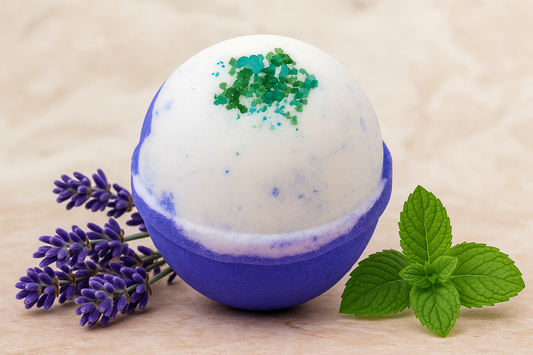 Lavender Mint Shea Butter Bath Bomb by Soapy Mtn Suds with white and purple design topped with green salts, calming aromatherapy bath bomb with relaxing lavender and refreshing mint scent