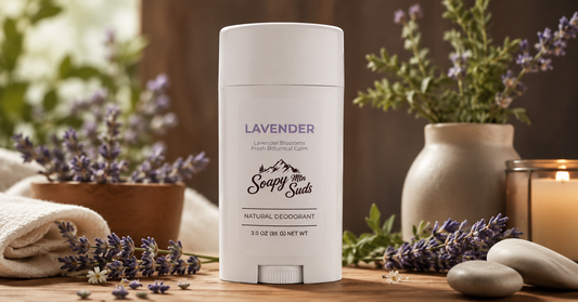 Soapy Mtn Suds Lavender Natural Deodorant with lavender blossoms in a relaxing botanical setting