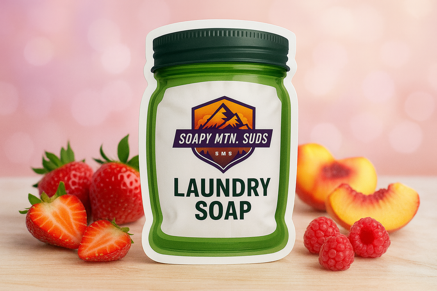 Soapy Mtn Suds Love Spell Type Laundry Soap pouch with strawberries, peaches, and raspberries on a pink background.