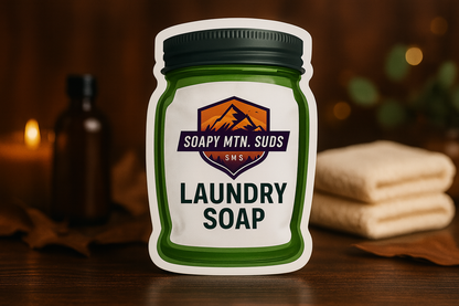 Soapy Mtn Suds Mahogany Teakwood Type Laundry Soap in green mason jar bag, masculine woodsy scent laundry powder on dark wood surface with folded towels and candlelight ambiance.