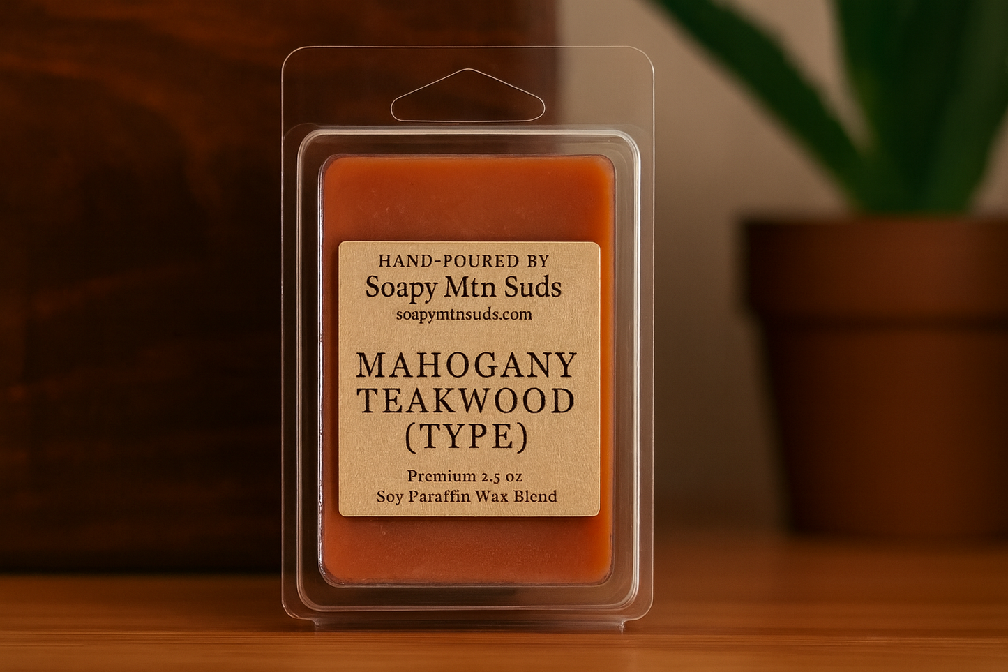 Mahogany Teakwood Type wax melts by Soapy Mtn Suds with warm wood background, handcrafted soy paraffin blend inspired by Bath and Body Works scent featuring rich mahogany, teakwood, and cedar notes