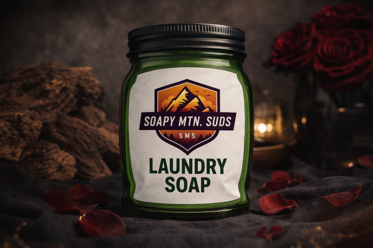 Midnight Oud Rose After Dark laundry soap by Soapy Mtn Suds, limited Valentine’s Day release featuring dark romantic styling with rose petals, luxury oud and rose scented concentrated laundry soap in jar packaging