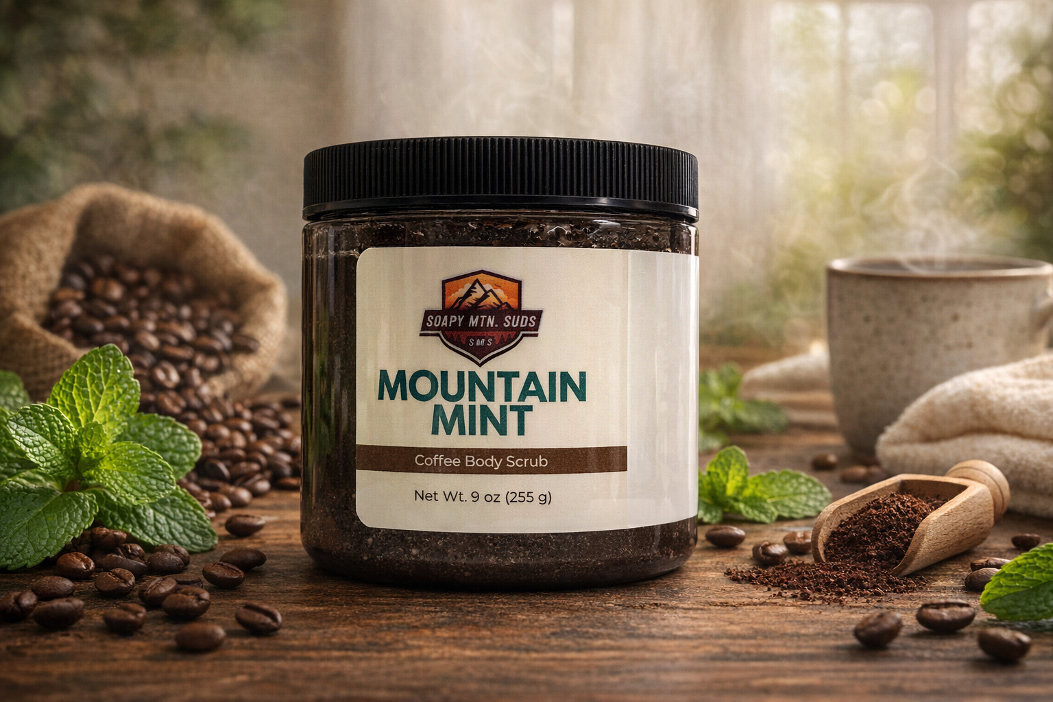 Mountain Mint coffee body scrub by Soapy Mtn Suds, exfoliating sugar scrub with roasted coffee grounds and fresh peppermint mint in 9 oz jar