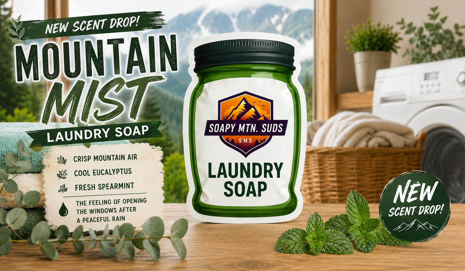 Soapy Mtn Suds Mountain Mist Laundry Soap new scent featuring crisp mountain air, cool eucalyptus, fresh spearmint, and a bright mountain-inspired laundry room.