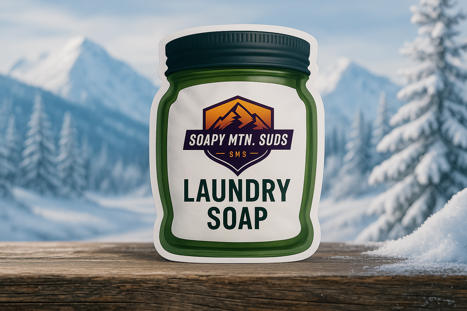 Mountain Sweater Weather Laundry Soap by Soapy Mtn Suds with snow-covered mountain background, limited winter release natural laundry detergent featuring fresh pine, mint, and vanilla musk scent
