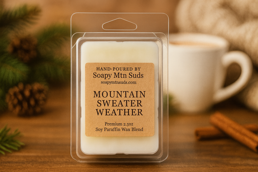 Mountain Sweater Weather wax melts by Soapy Mtn Suds hand-poured soy paraffin blend with pine, cinnamon sticks, and cozy winter background limited winter release
