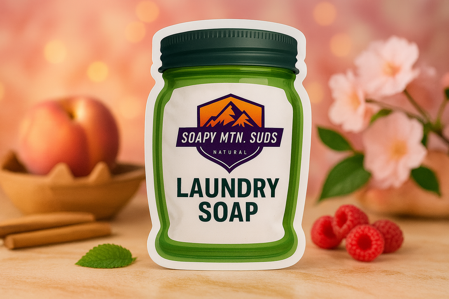 Soapy Mtn Suds Narcissistic Type Laundry Soap in green jar with peach, raspberry, and floral background — luxury inspired fragrance for laundry.