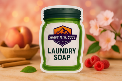 Soapy Mtn Suds Narcissistic Type Laundry Soap in green jar with peach, raspberry, and floral background — luxury inspired fragrance for laundry.