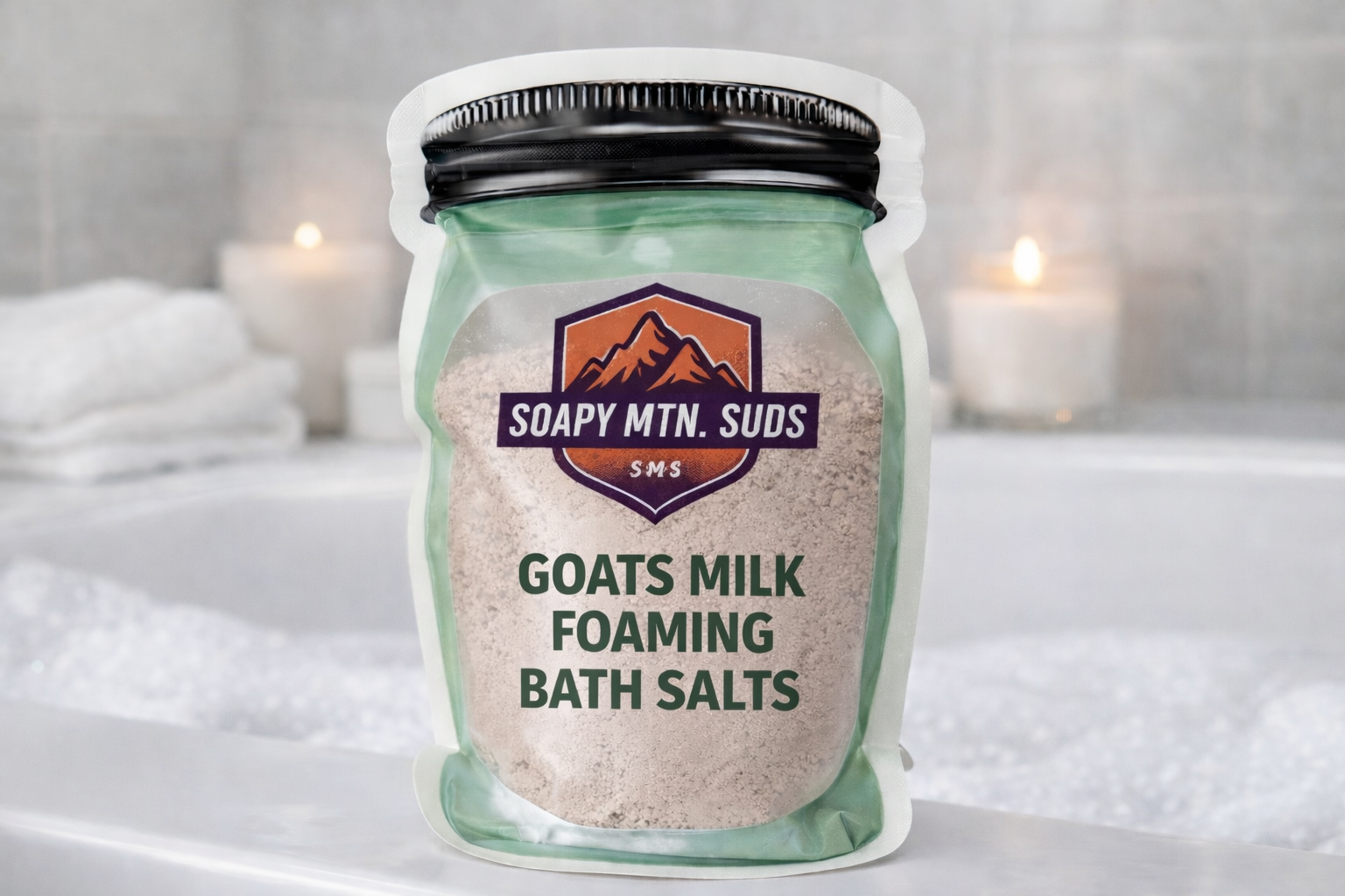 Oatmeal Milk and Honey goat milk foaming bath salts by Soapy Mtn Suds, soothing skin-softening bath soak made with creamy goat milk, comforting oatmeal and honey scent, and foaming mineral salts in jar packaging