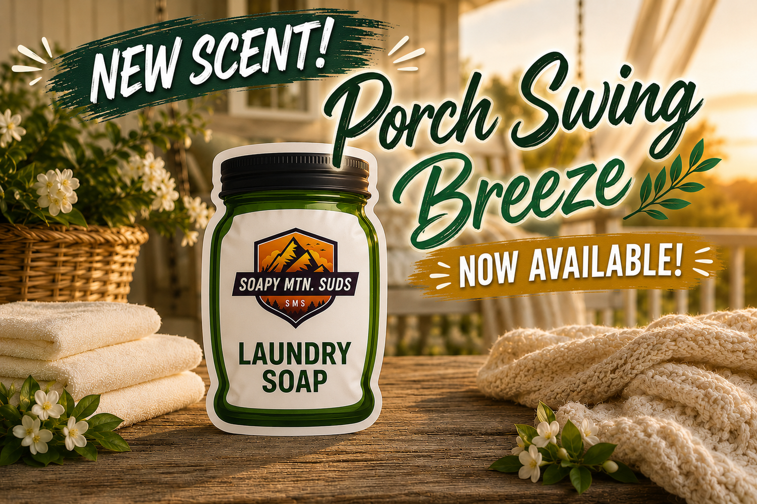 Soapy Mtn Suds Porch Swing Breeze Laundry Soap new scent promotional banner featuring cozy southern porch decor, fresh linens, warm sunset lighting, and luxury clean laundry aesthetic.