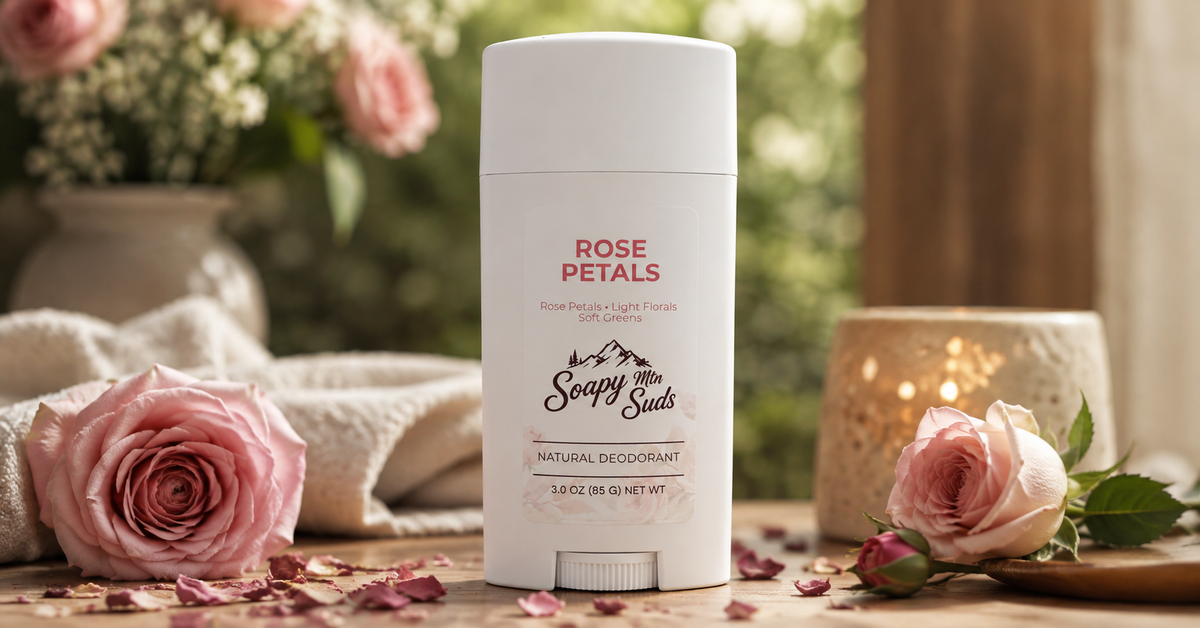 Soapy Mtn Suds Rose Petals Natural Deodorant with pink roses in a soft botanical setting