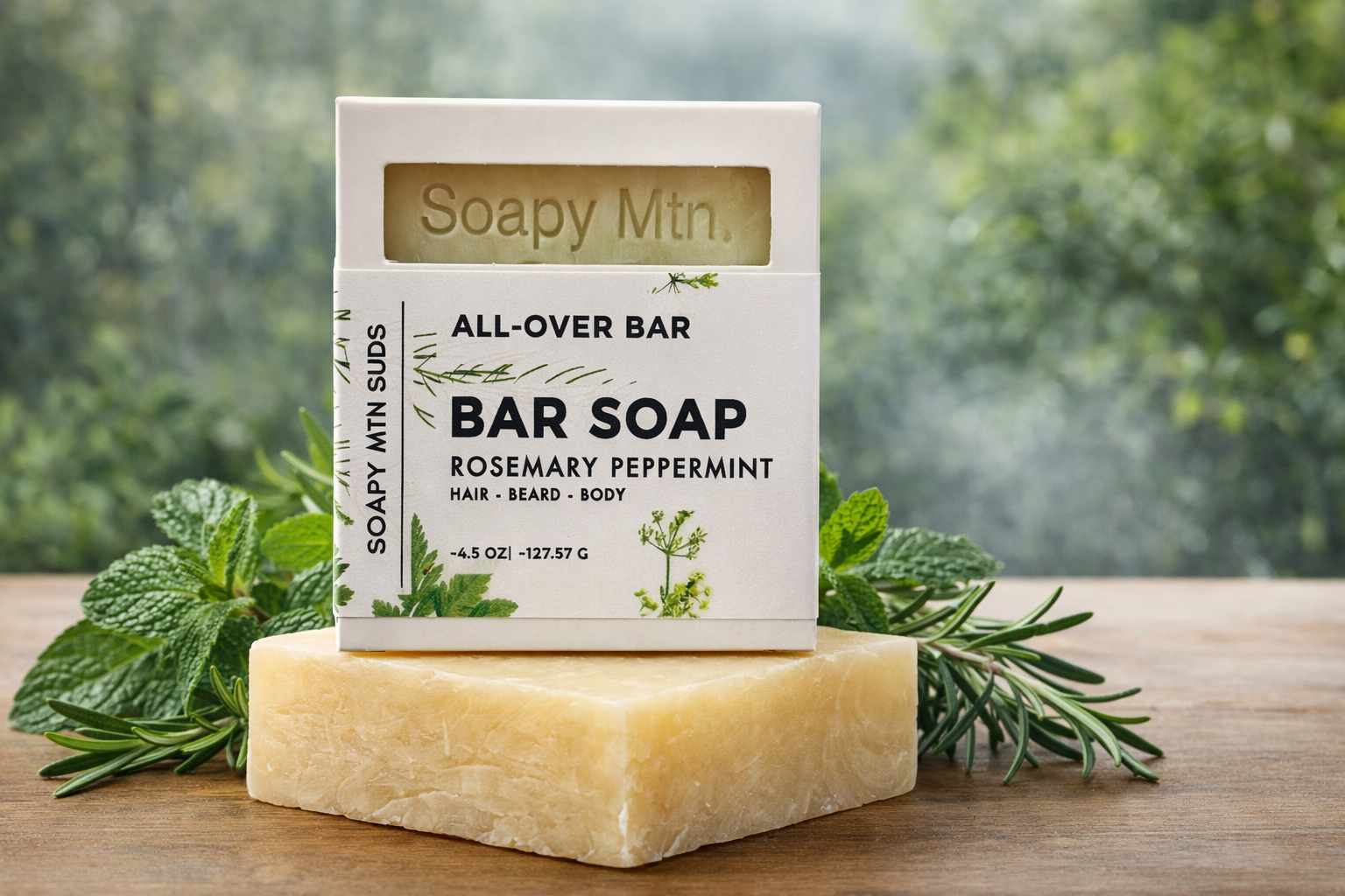 Rosemary Peppermint All-Over Bar Soap by Soapy Mtn Suds for hair, beard, and body, refreshing herbal soap with cooling peppermint and fresh rosemary in natural bar packaging