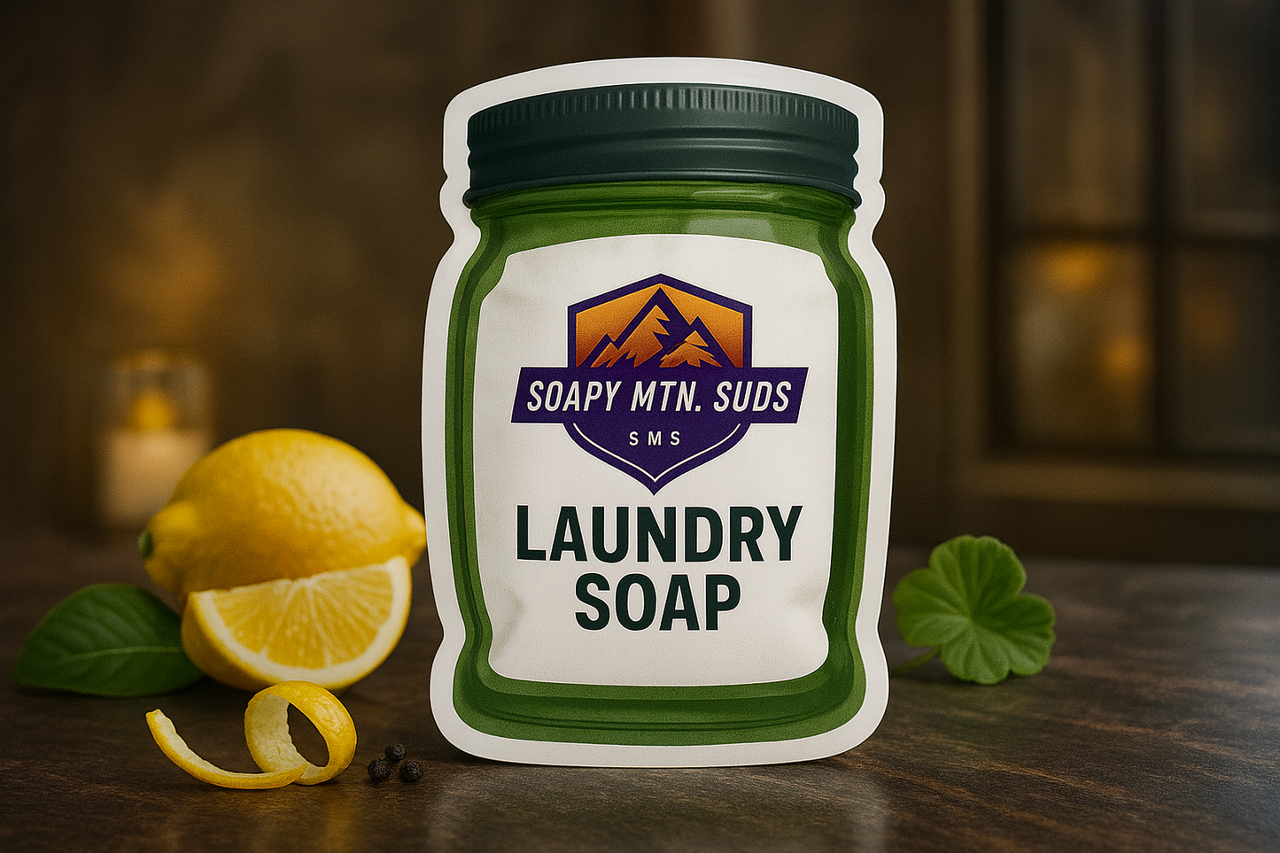 Soapy Mtn Suds Royal Creed Aventus Creed Type Laundry Soap pouch with lemon slices, green leaves, and peppercorns on a dark wood surface.