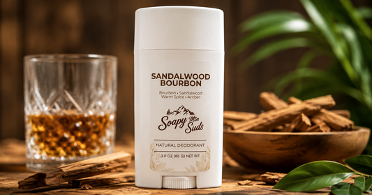 Soapy Mtn Suds Sandalwood Bourbon Natural Deodorant with sandalwood and warm bourbon-inspired setting