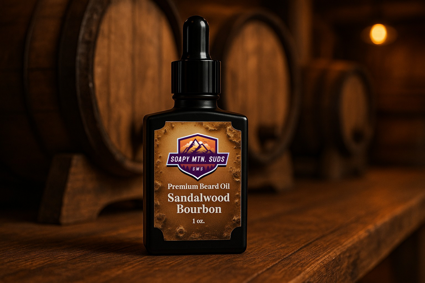 Sandalwood Bourbon Premium Beard Oil by Soapy Mtn Suds in dark bottle with bourbon barrel background, handcrafted beard oil with rich sandalwood and smooth bourbon scent for a masculine finish