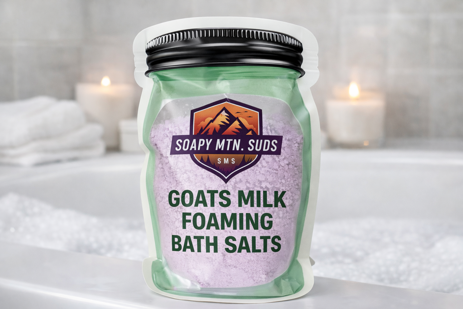 Serenity Soak lavender goat milk foaming bath salts by Soapy Mtn Suds, relaxing spa bath soak with creamy goat milk, calming lavender scent, and foaming mineral salts in jar packaging