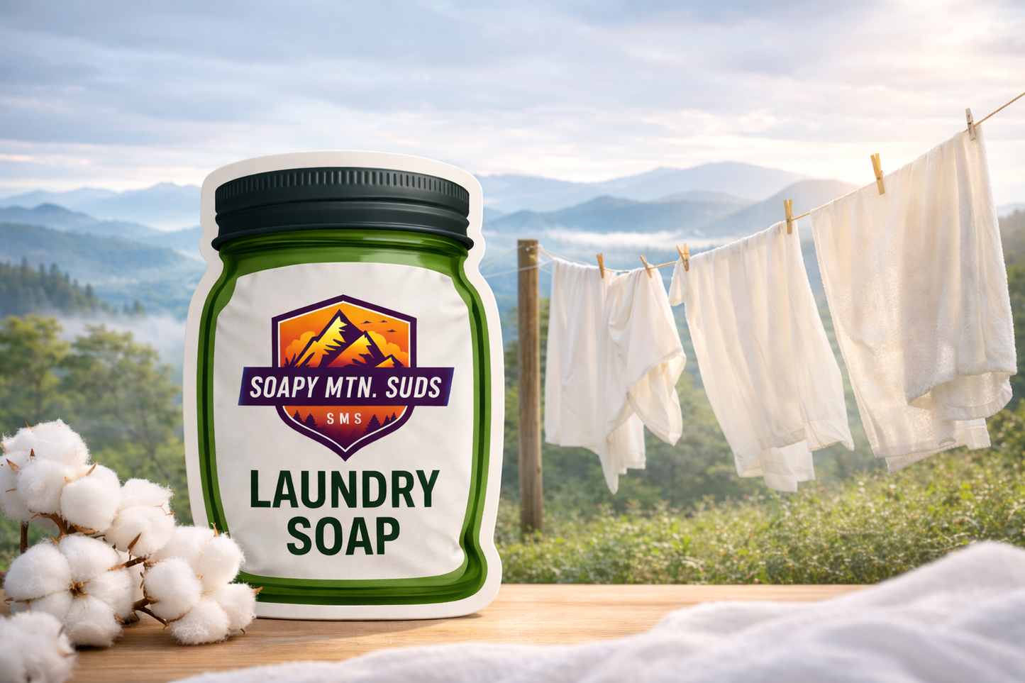 Smoky Mountain Fresh Linen laundry soap by Soapy Mtn Suds, clean cotton scented detergent with white linens drying outdoors in mountain breeze