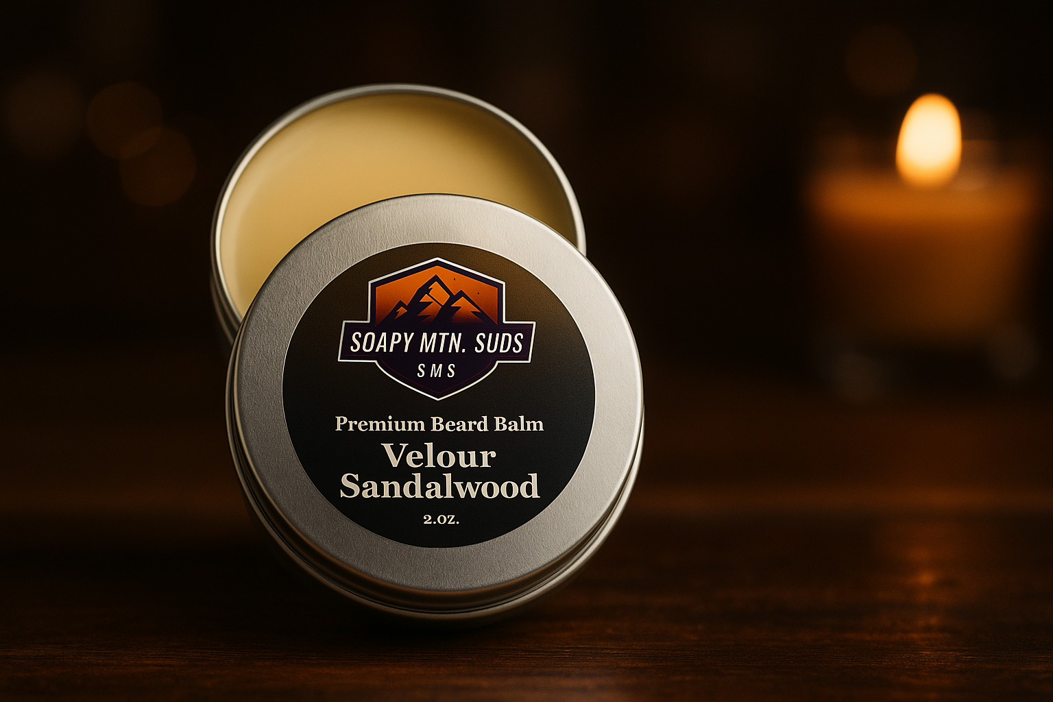 Velour Sandalwood Premium Beard Balm by Soapy Mtn Suds — handcrafted 2 oz tin of smooth sandalwood, vanilla, and musk beard balm for soft, conditioned beards.