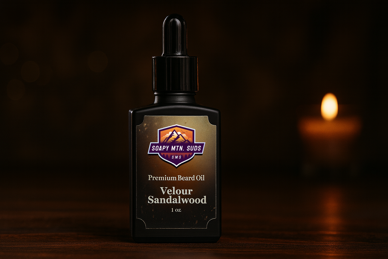Velour Sandalwood Premium Beard Oil by Soapy Mtn Suds — 1 oz black dropper bottle on dark wood background with warm candlelight, featuring soft sandalwood, vanilla, and musk scent.