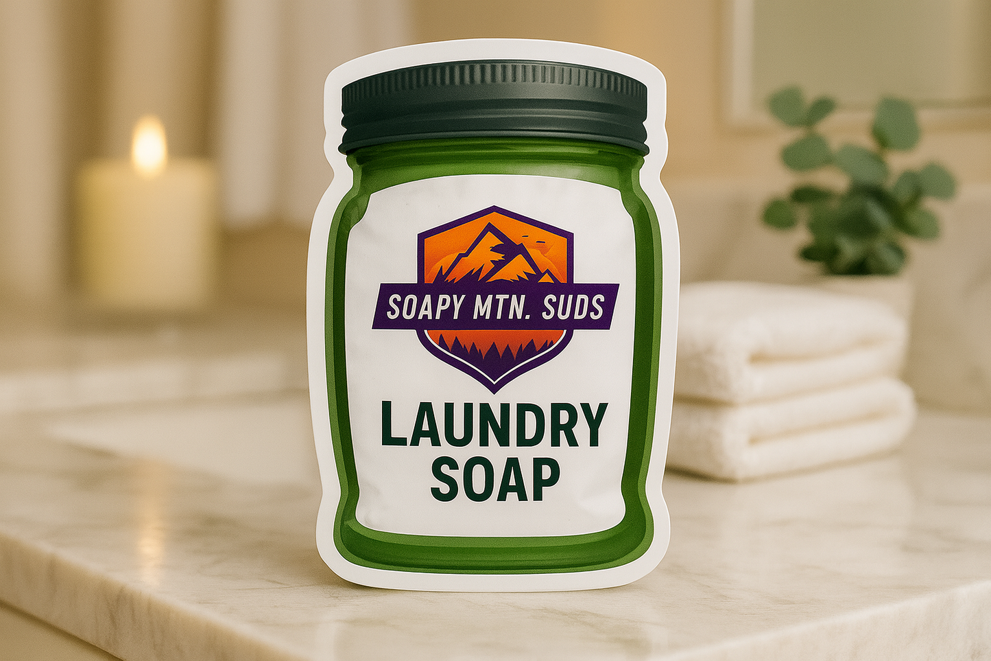 Soapy Mtn Suds Westin Type Laundry Soap in green mason jar bag packaging, hotel-inspired pH-neutral laundry powder displayed on marble counter with folded towels and spa-style candle.