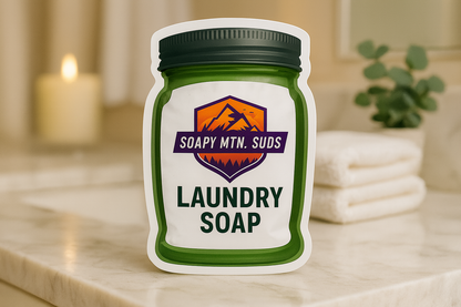 Soapy Mtn Suds Westin Type Laundry Soap in green mason jar bag packaging, hotel-inspired pH-neutral laundry powder displayed on marble counter with folded towels and spa-style candle.