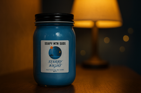 Starry Night 16oz mason jar candle by Soapy Mtn Suds – hand-poured soy–paraffin blend with fruity pomegranate, peach nectar, and ripe berry scent.