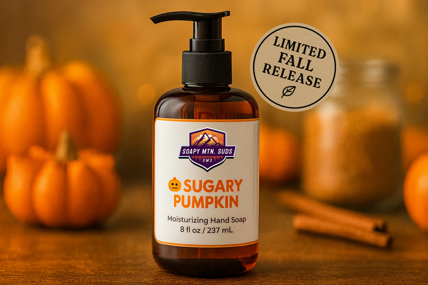 Soapy Mtn Suds Sugary Pumpkin Hand Soap – limited fall release moisturizing hand soap with sweet pumpkin, warm cinnamon, and sugar notes for a cozy seasonal clean.