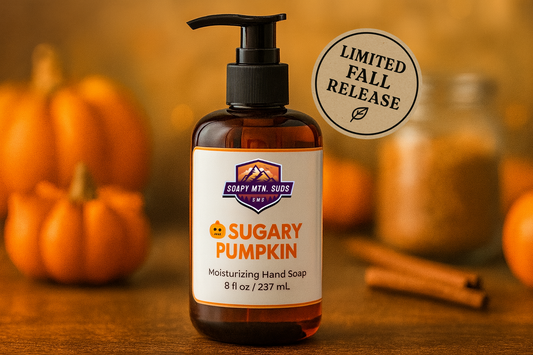 Soapy Mtn Suds Sugary Pumpkin Hand Soap – limited fall release moisturizing hand soap with sweet pumpkin, warm cinnamon, and sugar notes for a cozy seasonal clean.