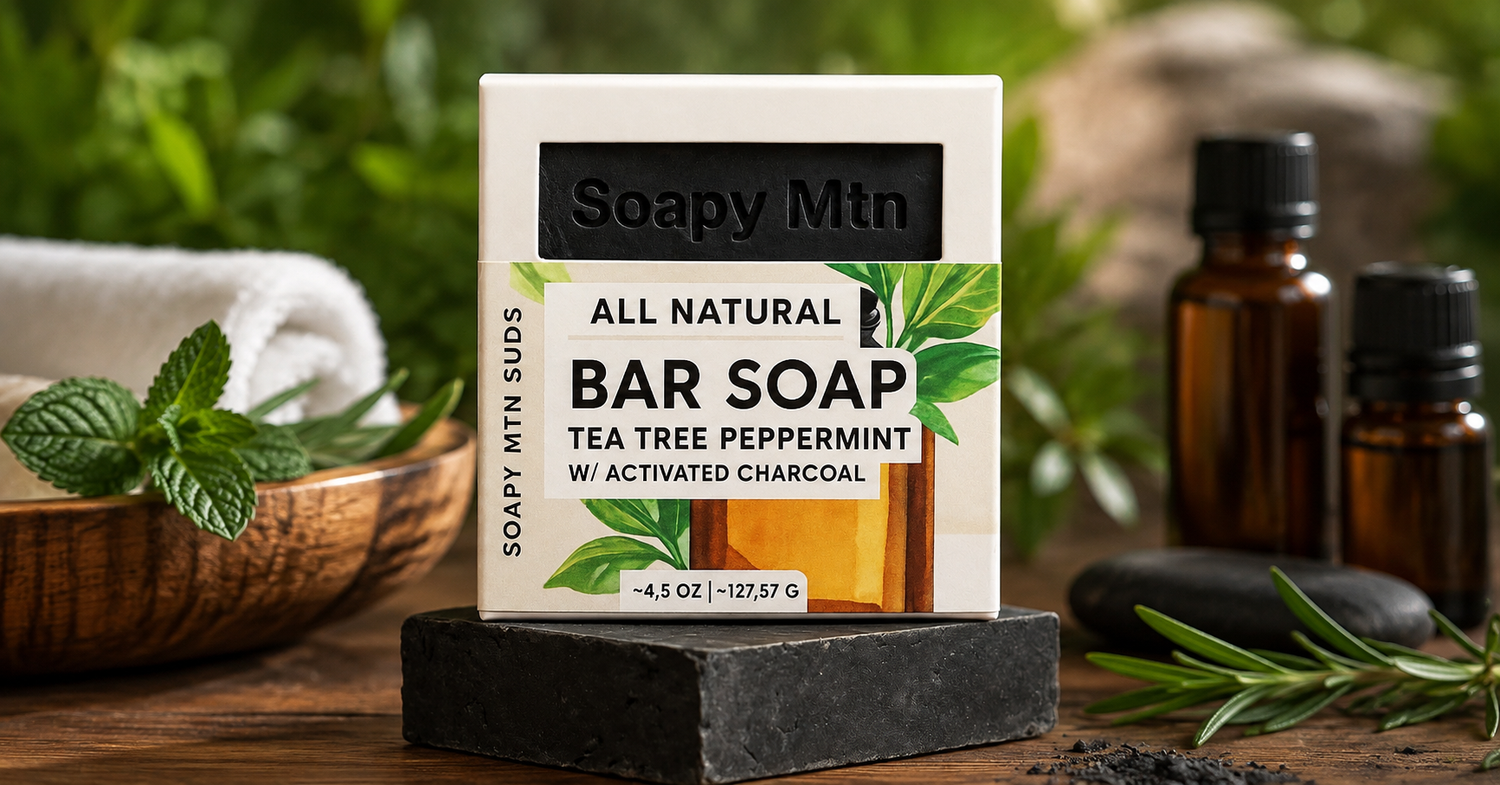 Tea Tree Peppermint activated charcoal bar soap by Soapy Mtn Suds with peppermint and natural spa-inspired background